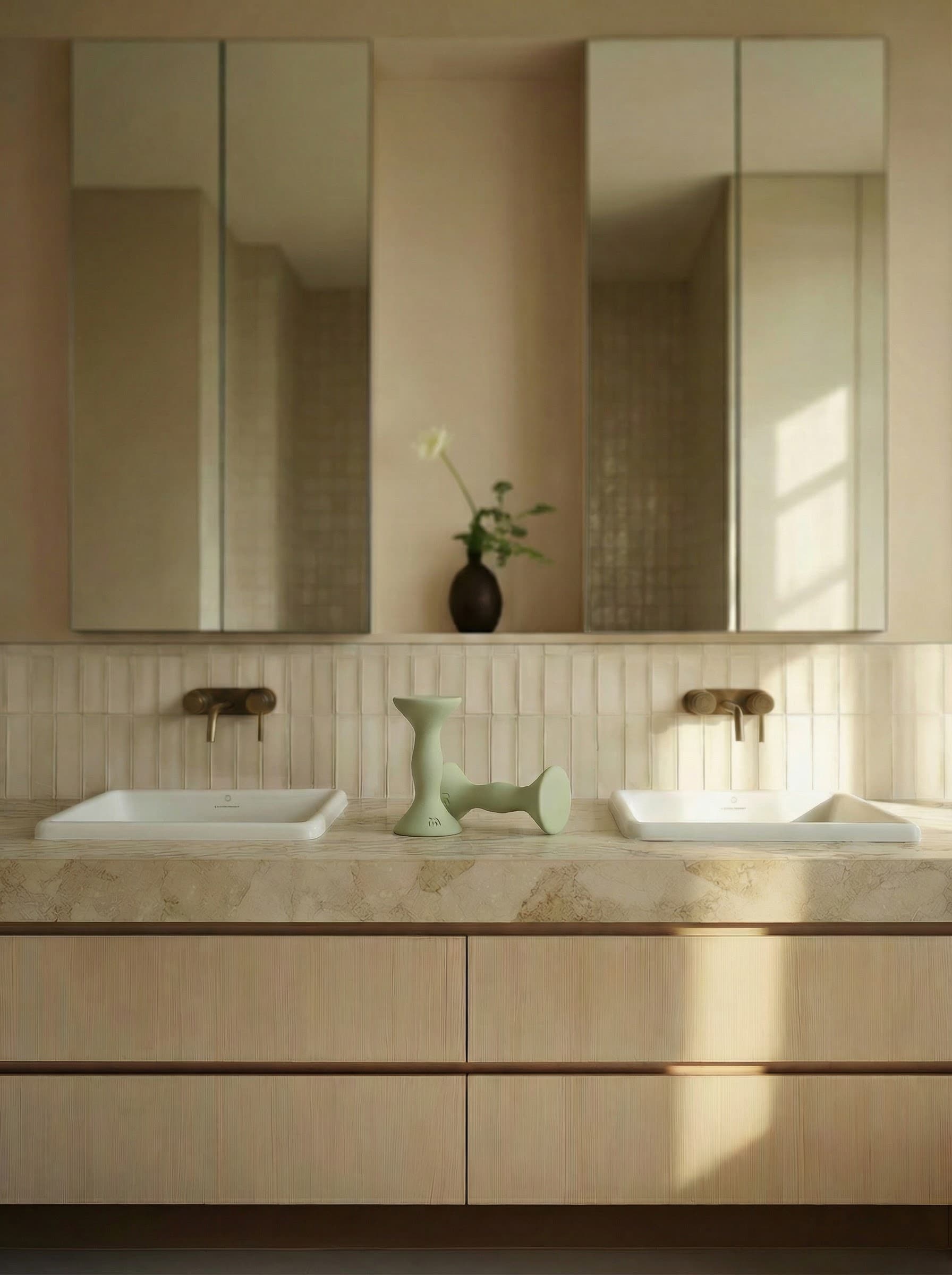MOVART dumbbells on a marble bathroom vanity