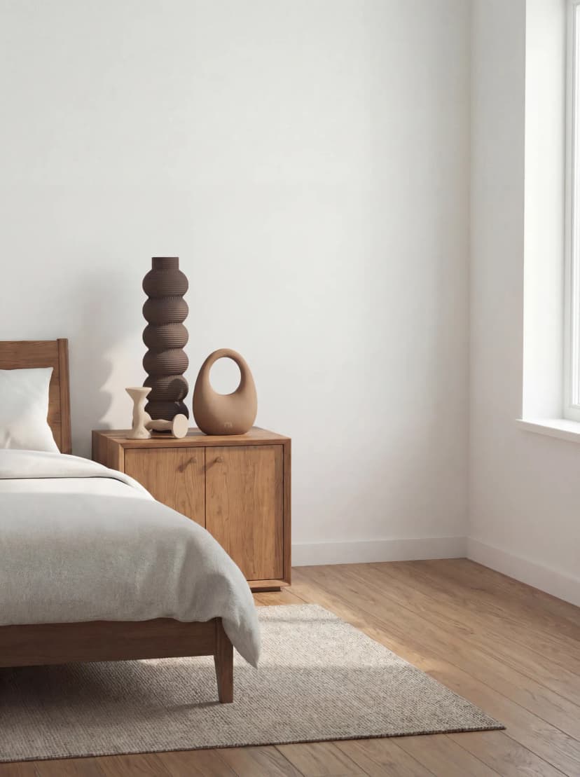 MOVART brown dumbbell and kettlebell set next to modern furniture