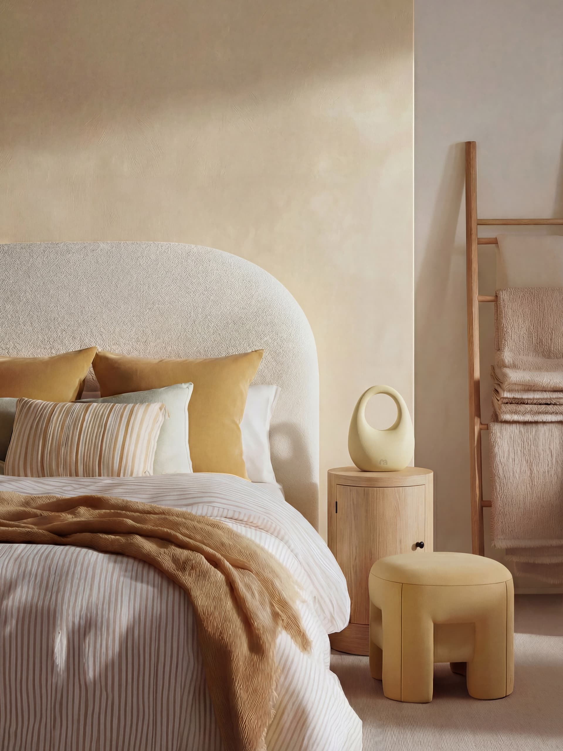 Cream yellow MOVART kettlebell styled in a warm bedroom